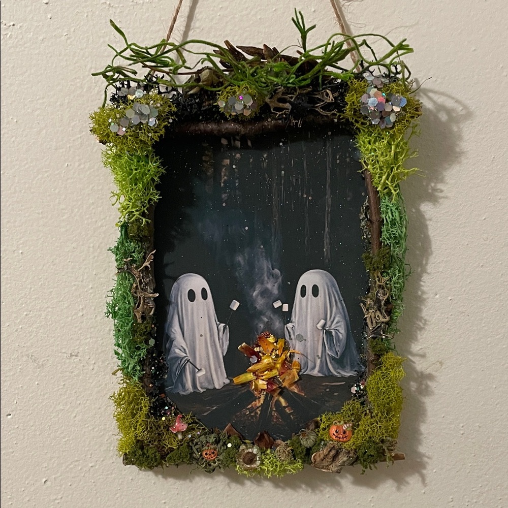 Ghost Campfire Wall Art with Moss Frame handcrafted border Halloween decor